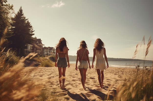 Junge Freunde spazieren im Sommer am Strand entlang