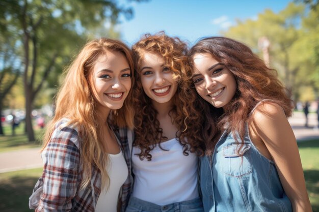 Foto junge freundinnen von universitätsstudenten genießen den sonnigen tag auf dem campus der universität