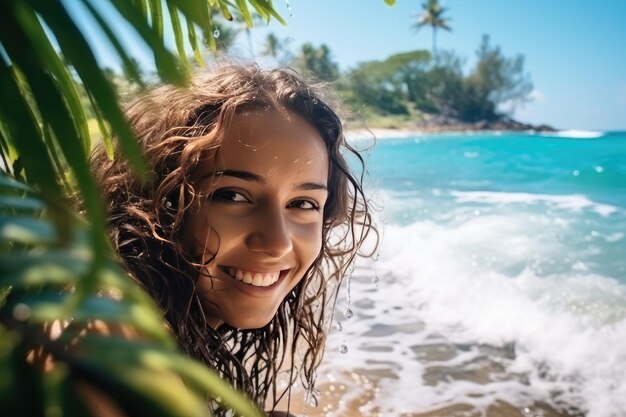Junge, fröhliche Frau badet im warmen tropischen Meer
