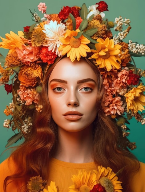Junge, fröhliche Frau mit einem Kranz aus Wildblumen auf dem Kopf in der Farbe des Jahres 2023