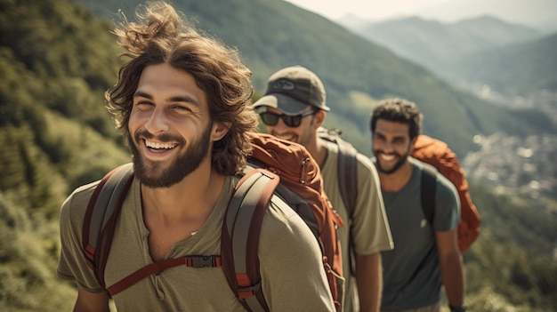 Junge, fröhliche, vielfältige männliche Freunde, die tagsüber in den Sommerbergen wandern und für die Gesundheit reisen