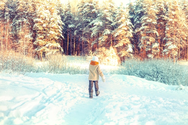 Junge geht in einem verschneiten Winterwald spazieren