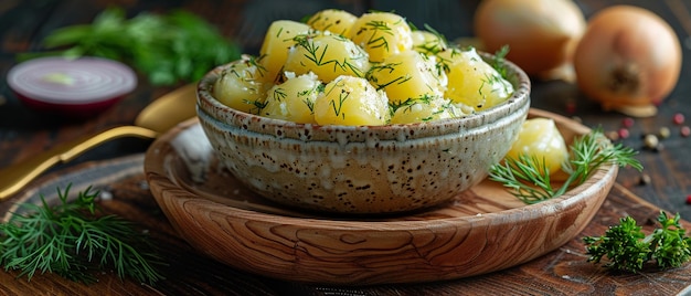 Junge gekochte Kartoffeln mit Dill in der Schüssel, Petersilie, Zwiebeln und Löffel auf einem Holzbrett