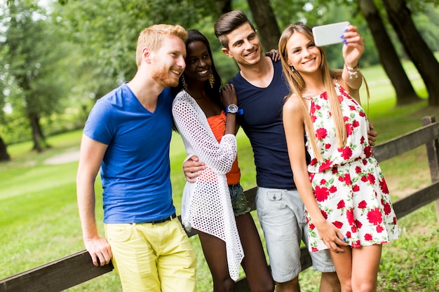 Junge gemischtrassige Freunde, die selfie im Park nehmen