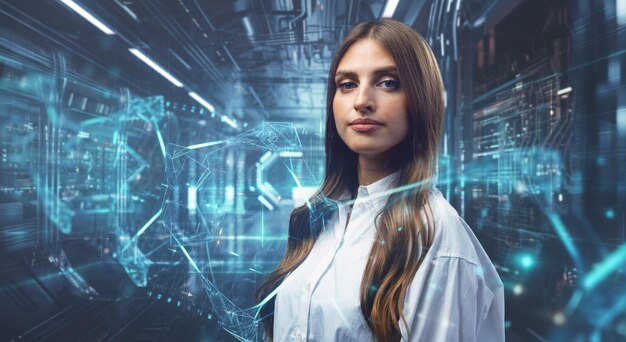 Junge Geschäftsfrau beobachtet und analysiert digitale Geschäftsdaten auf einem futuristischen holographischen Bildschirm