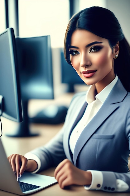 Junge Geschäftsfrau, die Computer in einem modernen Büro benutzt, stilvolle, schöne Managerin, die im Finanzbereich arbeitet.