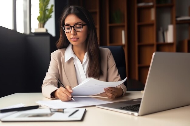 Junge Geschäftsfrau, die im Büro mit einem Laptop arbeitet