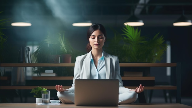 Junge Geschäftsfrau macht Yoga bei der Arbeit im Büro. Erstellt mit generativer KI-Technologie