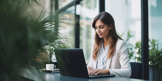 Junge Geschäftsfrau sitzt im Büro und arbeitet an einem Laptop