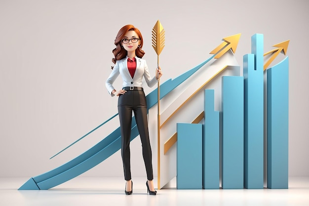 Junge Geschäftsfrau steht mit einem Graph und hält einen Wachstumspfeil Geschäfts- und Finanzkonzept Zeichentrickfigur auf weißem Hintergrund 3D-Illustration