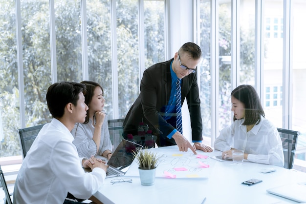 Junge Geschäftsleute werden Marketing-Arbeitsprojekt dem Kunden im Konferenzzimmerbüro vorgestellt