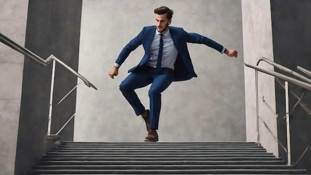 Junge Geschäftsmann springt auf einer Treppe auf grauem Hintergrund Erfolg und Wachstum Konzept