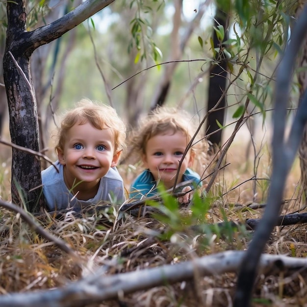 junge Geschwister spielen verstecken und suchen im Freien in Bäumen im australischen Busch ein Jahr alt kleiner Junge und