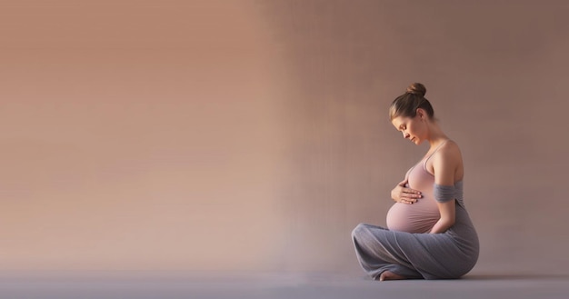 Junge gesunde schwangere Frau, die zu Hause Yoga-Übungen macht und meditiert