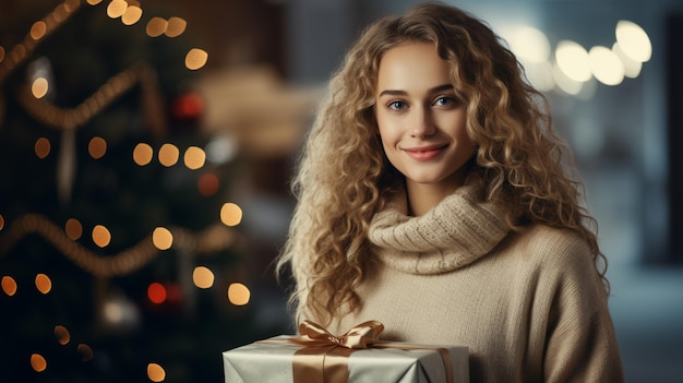 Junge, glücklich lächelnde Dame mit vielen Weihnachtsgeschenken posiert vor einem festlich dekorierten Zuhause
