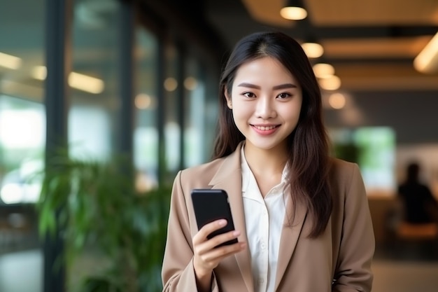 Junge, glücklich lächelnde, professionelle asiatisch-japanische Geschäftsfrau, Führungskraft mit Smartphone und generativer KI