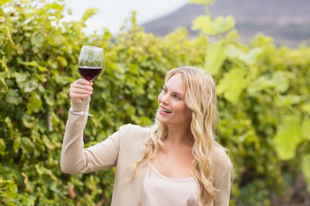 Junge glückliche Frau, die ein Glas Wein anhält