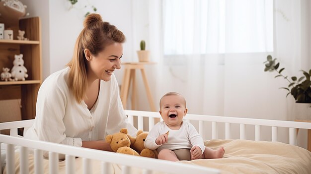 junge glückliche Frau und Baby im Bett