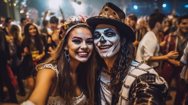 Foto junge glückliche freunde in halloween-kostümen haben spaß auf einer party im nachtclub mit gruseligen gesichtern