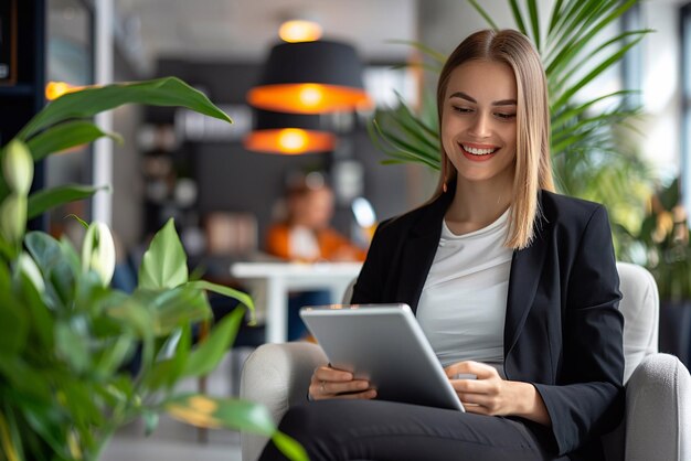 Junge, glückliche Geschäftsfrau arbeitet mit einem Tablet in einem Firmenbüro