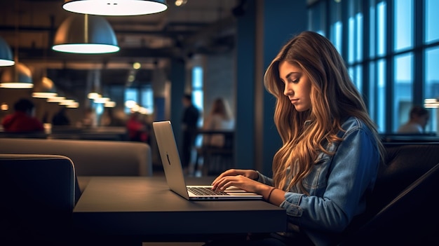 Junge glückliche Geschäftsfrau nutzt Computer im modernen Büro mit Kollegen, stilvoller, schöner Manager