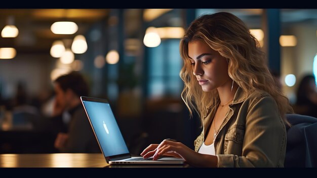 Junge glückliche Geschäftsfrau nutzt Computer im modernen Büro mit Kollegen, stilvoller, schöner Manager