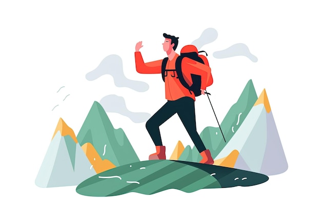 Junge, glückliche, gesunde Mann wandert Touristen-Rucksack Wandert Wald und Berge Illustration