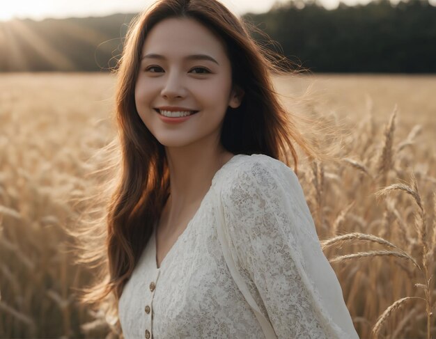 Foto junge, glückliche, lächelnde frau steht auf einem feld und die sonne scheint durch ihr haar.