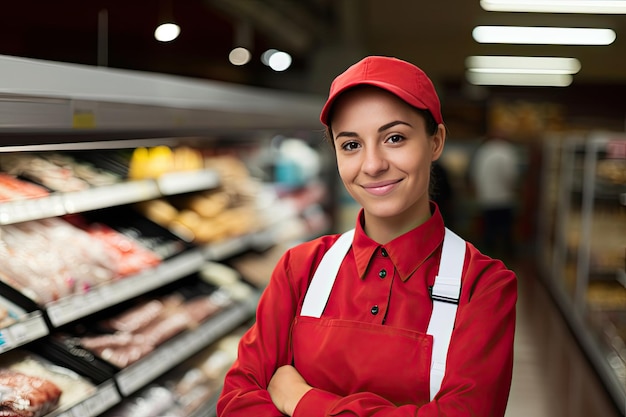Junge glückliche Verkäuferin auf dem Hintergrund von Lebensmittelregalen in der Supermarkthalle