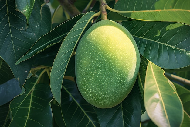 Junge grüne Mango hängt an einem Baum mit Blättern im Hintergrund