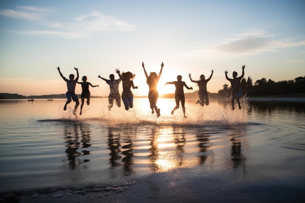 Junge Gruppe von Menschen springt am Strand von Generative AI in die Luft