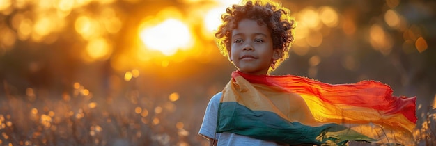 Junge hält die Flagge der Seychellen vor klarem Hintergrund für Banner HD