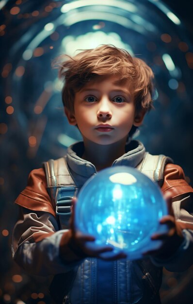Junge hält eine leuchtend blaue Kugel in einem futuristischen Tunnel