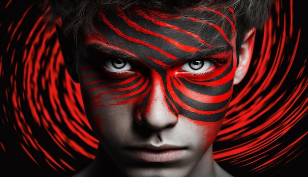 Junge Halloween-Gesichtsbemalung, schwarz-rotes Hintergrundbild. Ai-generierte Kunst