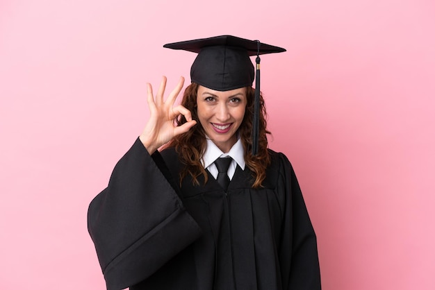 Junge Hochschulabsolventin isoliert auf rosafarbenem Hintergrund, die mit den Fingern ein Ok-Zeichen zeigt