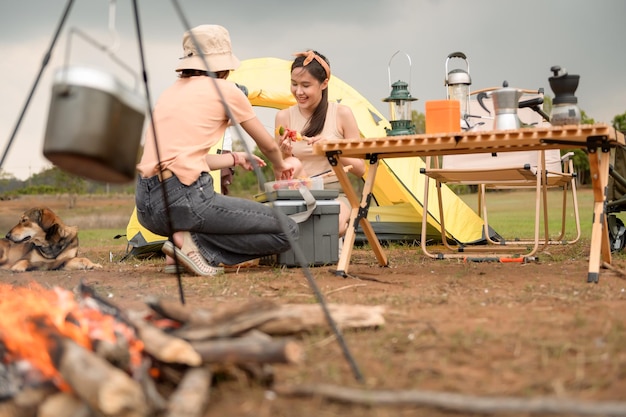 Junge hübsche asiatische Frau genießt Camping