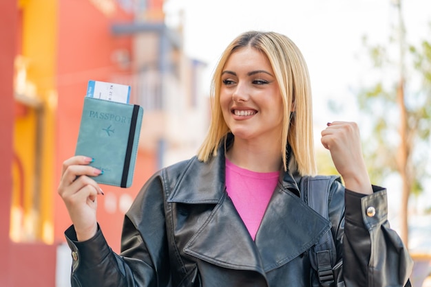 Foto junge hübsche blonde frau mit einem pass im freien, die einen sieg feiert