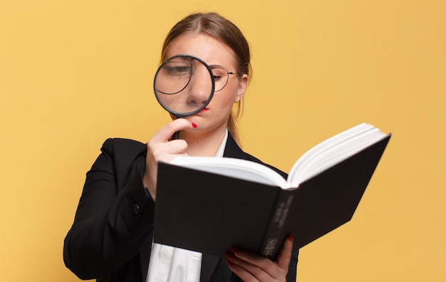 junge hübsche frau, die mit einem buch und einer lupe sucht, die in einem buchkonzept suchen