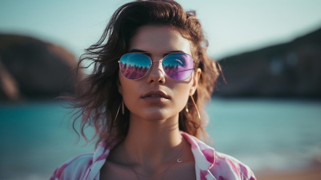 Junge hübsche Frau mit stylischer Sonnenbrille am Strand Generative KI