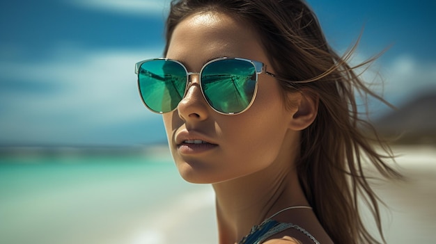 Junge hübsche Frau mit stylischer Sonnenbrille am Strand Generative KI