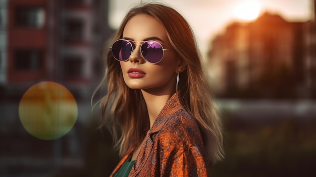 Junge hübsche Frau mit trendiger, stylischer Sonnenbrille Generative AI