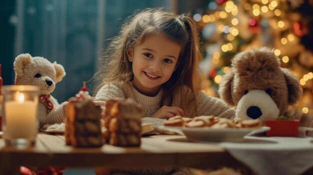 Junge hübsche Frau und zwei Kinder in Weihnachtspyjamas und Wintermützen trinken mi Generative KI