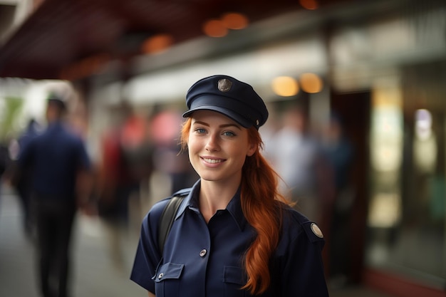 Junge, hübsche rothaarige Frau im Freien in Polizeiuniform