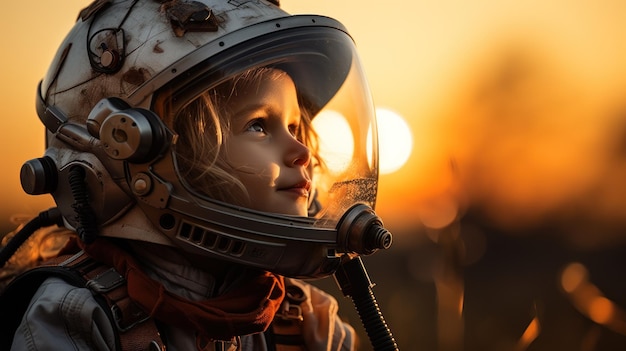 Junge im Astronautenkostüm blickt zum Sonnenuntergang auf