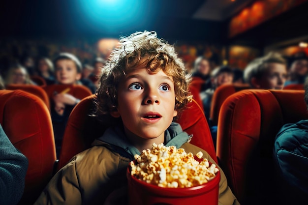 Junge in einem Kino mit Popcorn aus nächster Nähe