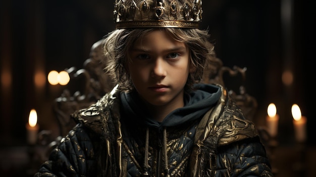Junge in einer Krone über einem gotischen schwarzen Hintergrund