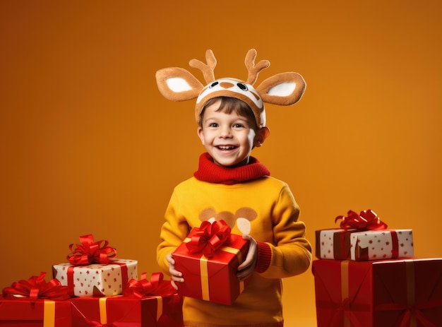 Junge in Weihnachtskleidung mit Geschenken auf gelbem Hintergrund Hochwertiges Foto