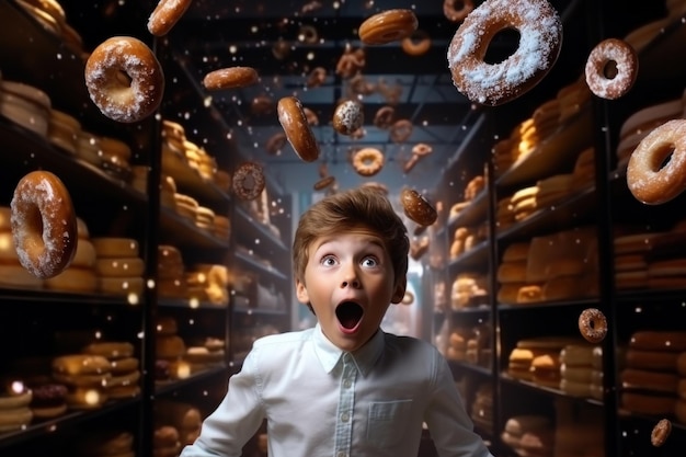 Junge in weißem Hemd umgeben von Donuts