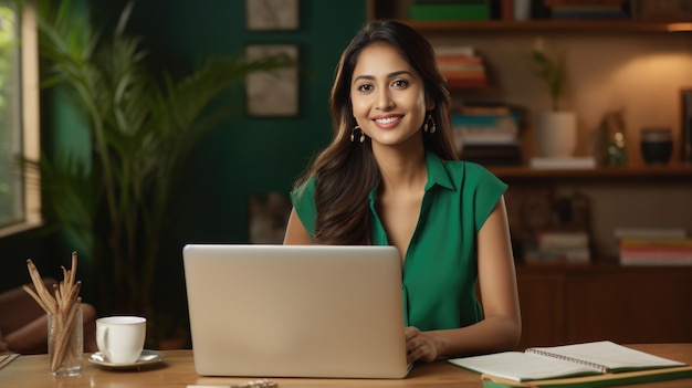 Junge indische Frau arbeitet an einem Laptop