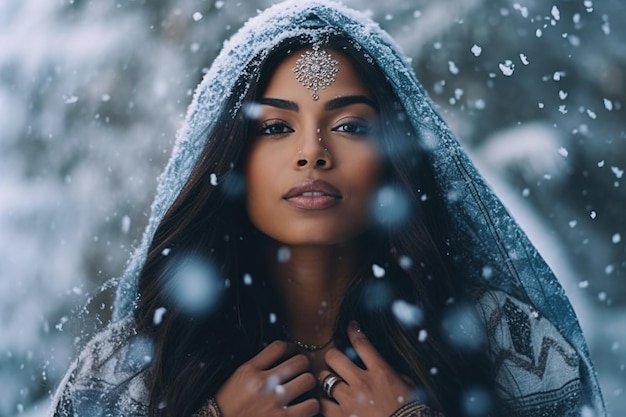 Junge indische Frau genießt Winter-Schneeflocken in einem freudigen Moment im Freien